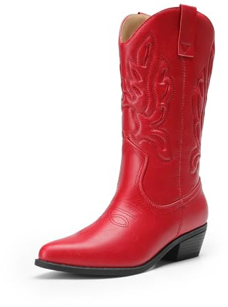 DREAM PAIRS Stivali da Cowboy Donna Stivali a Metà Polpaccio Da Donna Stivali da Cowgirl con Tacco Grosso Ricamati,Size 41.5,Rosso,DWUMMB2419