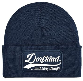 NIMAMA Mütze Beanie Dorfkind Wintermütze Statement Spruch Print Geschenk Unisex Strickmütze für Herren & Damen - Navyblau