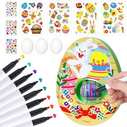 Joyesplay Osterei Dekorationsset,Ostereier Zum Bemalen mit Spinner DIY Osterdeko Mit 2 Sticker-Packs 3 Eiern & 8 Farben Stiften Oster Geschenk Kinder für Ostern (Gelb)