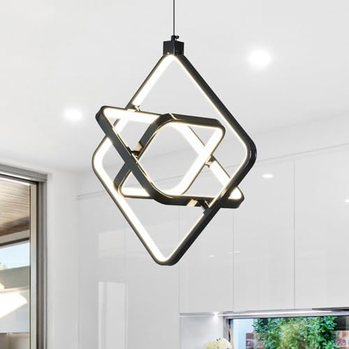 ZYBWL Moderne LED Pendelleuchte Galvanisierte Schwarze Rechteck Ring Pendelleuchte Höhenverstellbare Pendelleuchte passend für Küche Insel Schlafzimmer Wohnzimmer Foyer(3Ringe)