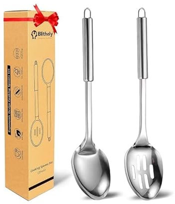 2 Pack Stainless Steel Cooking Spoon Set, Round Heat Resistant Handle Large Cooking Spoon Stainless Steel Kitchen Utensils Set for Frying, Mixing, Serving, Draining, Turning and Stirring