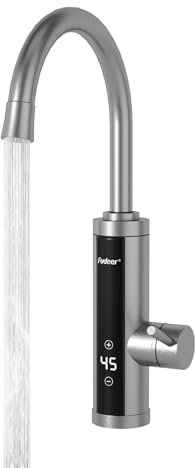 Fudeer 220V Elektrischer Wasserhahn,3.3 kW Wasserhahn mit Durchlauferhitzer für Küche, 360° drehbare Edelstahl-Armatur mit regelbarer Leistung (P1-P3) & Digitalthermometer 30-45℃(Silber)