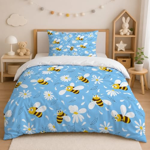 PNHCL Biene Blume Kinderbettwäsche Set 100x135 cm Weich Atmungsaktiv Bettbezug mit Reißverschluss + 1x Kissenbezug 40x60 cmKarikatur Kinder Bettwäsche für Baby Mädchen Jungen A-41