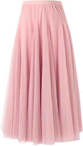 SANGTREE Women's Tulle Skirts Elastic High Waist A-Line Layered Tutu Mesh Flowy Skirt Ankle Length, 2#Pink, Medium