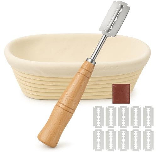 Saint Germain Bakery Oval Banneton Proofing Basket and Bread Lame Set – 10 Inch Rattan Basket with Liner, Razor Blades & Leather Cover – Sourdough Bread Baking Kit Gift for Artisan Bakers