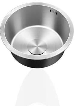 Lavello Cucina d'argento1 Vasca Rotondo,Lavandino Cucina Piccolo In Acciaio Inox con Set Di Drenaggio,Installazione Appoggio o Sottopiano (Ø 28cm)