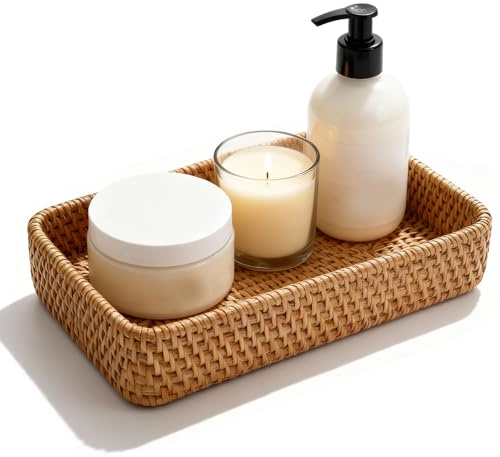 Yilnlg Rattan Bathroom Vanity Tray, Woven Wicker Basket Decorative Storage | Hand Woven Rattan, Natural 21x11x4cm, Bathroom Basket, Wicker Toilet Roll Storage, Rattan Storage Basket, Small Key Tray