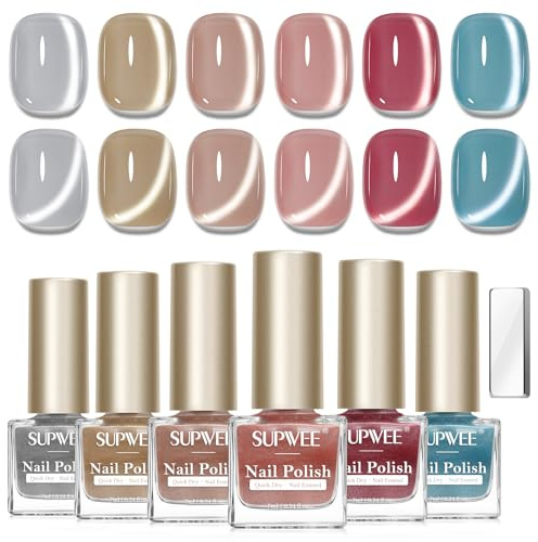 SUPWEE Cat Eye Nail Polish, 6 Colour Shimmer Quick Dry Magnetic Nail Polish | Silver Nude Pink No Gel Shimmer Jelly Glassy Effect with Magnet Manicure Art DIY Salon Gift for Girls Women