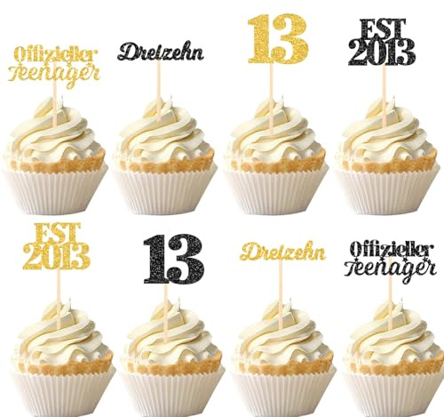 Gleevio Dreizehn Tortendeko 13. Geburtstag Junge Mädchen Teenager, 24 Stück Offiziell Teenager Muffin Deko, Glitzer Cupcake Topper 13 Geburtstag Geschenke, EST 2013 Kuchen Deko 13 Jahre, Schwarz Gold