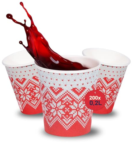 DeinPack 200 Glühweinbecher 200 ml - Winter Pappbecher mit Schneeflocken Motiv | Einweg to go Heißgetränkebecher für Glühwein, Punsch & Tee | beschichtete Weihnachtsbecher aus Pappe