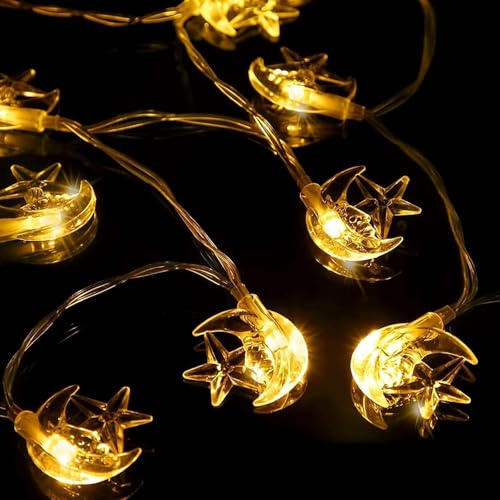 ALEGRE Ramadan Lichterkette mit Batterie, 3M 20 LED Stern Mond Lichterkette Ramadan Deko, Ramazan Dekor, Warmweiß Mond Lichterketten Innen für Muslim EID Mubarak Dekoration, Hochzeit, Weihnachten Deko