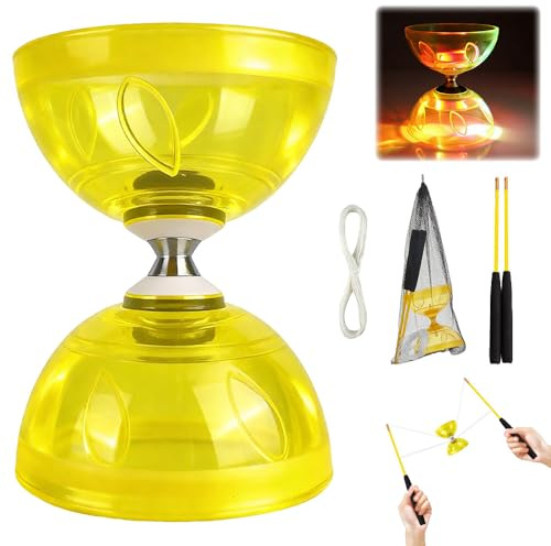 SGZIOO LED Diabolo mit Kugellager, Dreifach-Kugellagern, Diabolo Jonglier Set aus Ersatzseil 10m und Profi-Stange, Tasche, für Erwachsene, Anfänger, Berufstätige (Gelb)