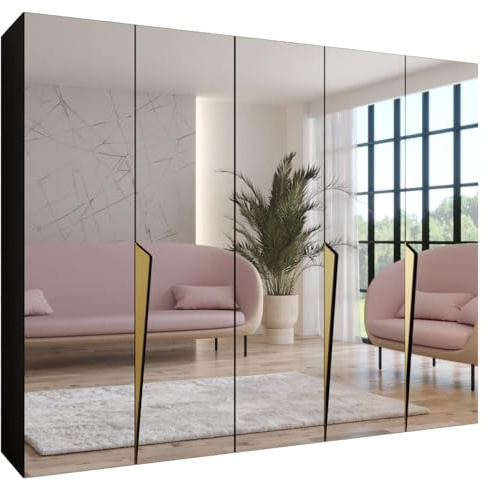 MEBLE KRYSPOL - Kleiderschrank - Garderobenschrank - 250 cm x 202 x 52 cm - Schrank mit Kleiderstange und Spiegel, 5 Türen - für Schlafzimmer, Flur - Piano, Schwarz, Griff Gold