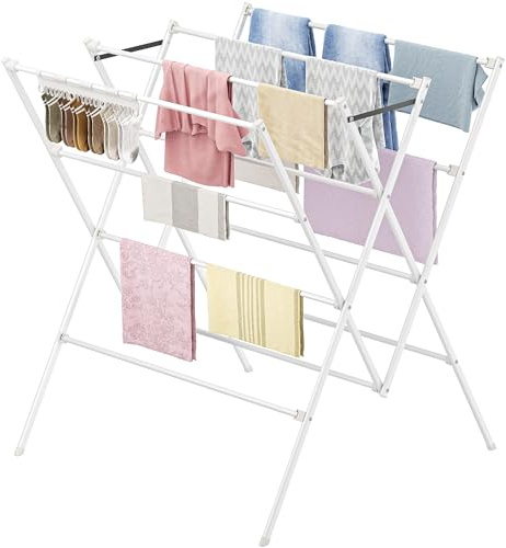 HOMIDEC Clothes Airer with Sock Clips, Foldable Clothes Drying Rack | X Shaped Airer for Indoor Outdoor Use, Stainless Steel Clothes Horse, Space Saving Laundry Drying Rack, White
