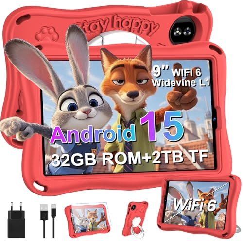 SUAAT 2026 Tablet Android 15 Octa Core Tablets 9 Zoll mit 32GB ROM+TF 2TB 5G WiFi Widevine L1, GPS, Face ID 8 MP + 5 MP 5000mAh,1340 * 800,BT 5.0, Kids Tablet mit Eva Case - Rot