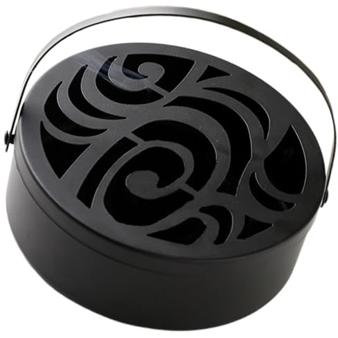 Roleader Portable Hollow out Pattern Design Iron Mosquito Coil Holder with Handle and Inner Stand, Black Metal Incense Box with Cover for Indoor Use