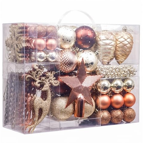 Valery Madelyn Christmas Baubles, 100pcs 3-10cm Shatterproof Pack with Tree Topper, Woodland Copper and Gold Christmas Ball Ornaments