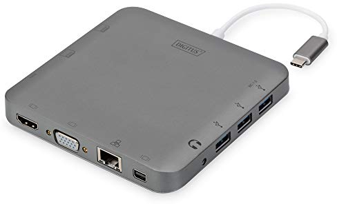 DIGITUS USB-C Multiport Docking Station – 11 Ports – 1x HDMI, 1x mDP, 1x VGA (4K@30Hz) – 3x USB 3.0 / USB 2.0, 1x USB Typ-C – RJ45 LAN, Klinke Audio, Kartenleser – Grau