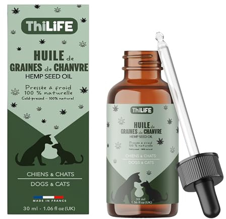 Thilife – Pflanzliches Öl für Erwachsene Hunde & Katzen – Naturell – Omega 3-6-9 & Vitamin E – Pipette zum Dosieren – Ergänzungsfuttermittel – 30 ml