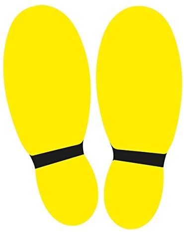 10 Fußbodenaufkleber, Footprint, 26 x 21 cm, Gelb/Schwarz - Sicherheitsabstand Aufkleber - Halten Sie 1,5 m Abstand Aufkleber Warnschilder - Anti-Rutsch + Wasserdicht & UV-beständig
