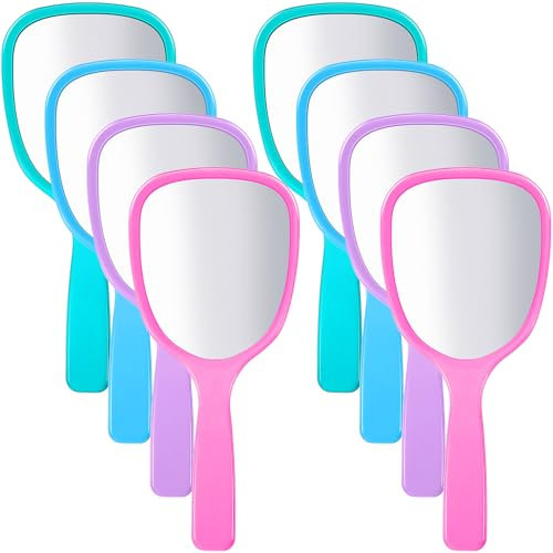Jetec Small Handheld Hand Mirror Compact Travel Makeup Mirror Handheld Cosmetic Personal Portable Vanity Glass 3.15 x 7.09 Inch(Blue, Green, Pink, Purple,8 Pcs)