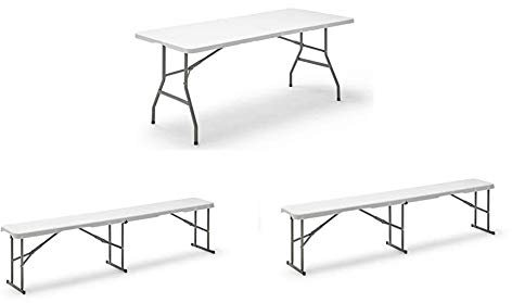 KG KITGARDEN - Mesa Plegable Multifuncional, 180x74x74cm, Blanco, KG Folding 180 2 Bancos Plegable Multifuncional, 180x28x43 cm, Blanco, Folding BC180
