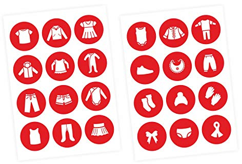 Möbelaufkleber Ordnungssticker für Kleidung weiß/rot- Möbelfolie Kinderzimmer, Kleiderschrank, Ordnung lernen, Aufbewahrung, Ordnungssystem