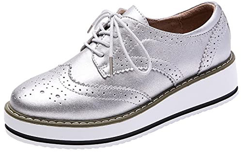 ANUFER Mujer con Cordones Brogues Zapatos Deportivos Casual Plataforma Creepers Plateado Mate SN02887 EU38.5