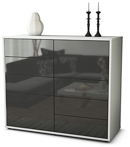 Stil.Zeit Kommode Sideboard, Albrecht, Korpus Weiss matt, Front Hochglanz Design Graphit, (92x79x35cm), Push to Open Technik & Leichtlaufschienen