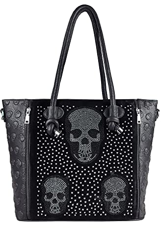 OBC Only-Beautiful-Couture Damen Totenkopf Skulls Tasche Shopper Handtasche Schultertasche Beuteltasche Umhängetache Reisetasche Weekender Gothic Punk Bag Strasssteine (Schwarz 46x37x15 cm)