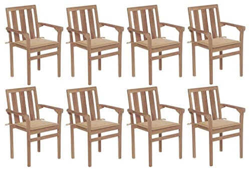 Rillbus Gartenstühle 8er Set Esszimmerstühle, Stapelbar, Stapelstuhl mit Sitzkissen in Beige, Relaxsessel für Garten Terrasse Balkon, Massivholz Teak 58x50x89cm