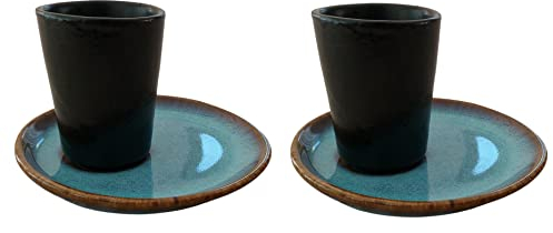 PintoCer - Set di tazze per caffè espresso in ceramica di gres nero senza manico con piattino blu, 2 pezzi (confezione da 2)