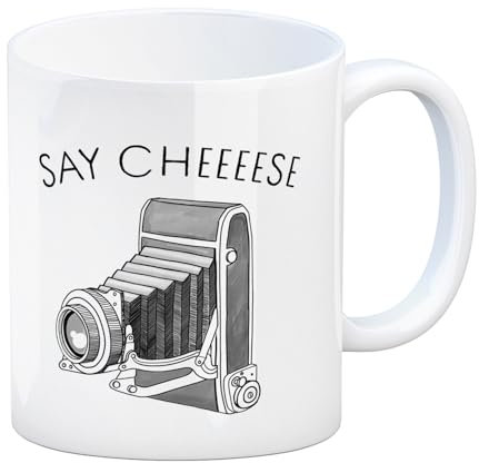 Say cheeeese Kaffeebecher für Fotografen mit Retro Kamera Motiv Kaffeetasse mit Retrokamera für Fotografiefans die bei der Arbeit gerne Kaffee trinken