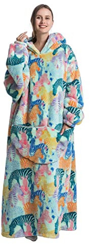 Extra Long Wearable Blanket Hoodie, Oversized Blanket Sweatshirt for Women and Men, Super Warm and Cozy Giant Hooded Blanket, Thick Flannel Blanket with Sleeves and Giant Pocket (Zebra)