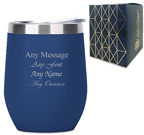 Personalised Engraved Dark Blue Insulated Travel Cup, Personalise with Any Message for Any Occasion, Stylize with a Variety of Fonts, Gift Box Included, Laser Engraved