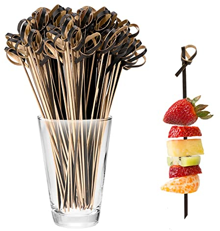 Bekecidi Palitos de Cóctel de Bambú, 100 Brochetas de Nudo de Bambú, Mini Picas de Alimentos, Palillos de Frutas, Palillos de Bambú para Bebidas, Canapés, Aperitivos, Fiesta 12 cm (Negro)