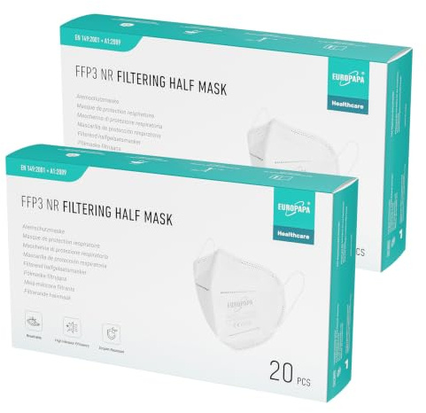 EUROPAPA 40x FFP3 Weiss Masken Atemschutzmaske 5-Lagen Staubschutzmasken hygienisch einzelverpackt Stelle zertifiziert EN149:2001+A1:2009 Mundschutzmaske EU2016/425