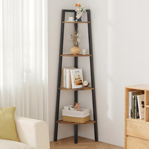 Hoctieon Eckregal, 4-stöckiges Eckbücherregal, rustikales Leiterregal, industrieller Ausstellungsständer für Wohnzimmer, Küche, Home Office, Balkon, kleine Räume, Metallrahmen, rustikales Braun