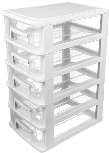 Healeved Multifunctional 5-Layer Plastic Storage Drawer Unit - Clear & White Desktop Organizer for Office, Crafts, and Household Items, 21.1 X 15.2 X 31.4 Cm