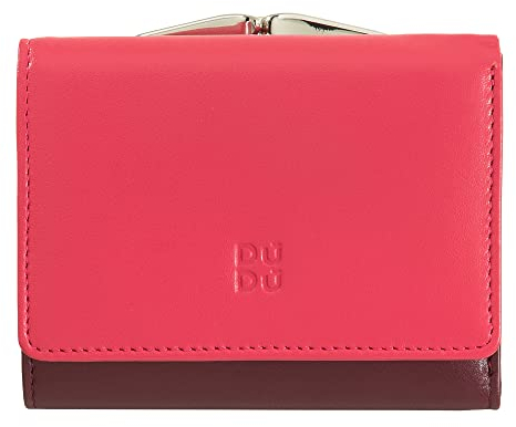 DUDU Kleine Damen-Brieftasche aus Leder mit RFID-Schutz, Münzfach und Klickverschluss, kompakt, 6 Kartenfächer Himbeere