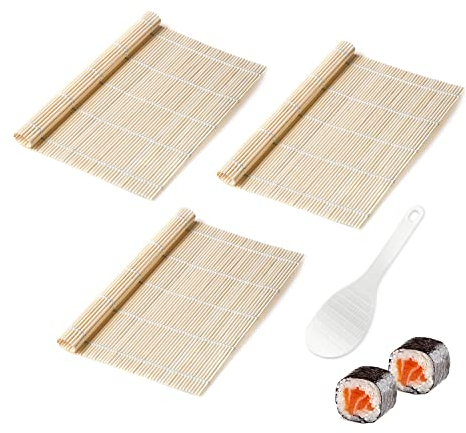 TIANNAIT 3 Stück Sushi-Rollvorhang mit 1 Reislöffel, Sushi-Rollmatte, Sushi-Bambusvorhang, Sushi-Bambusmatte, Sushi-Roller, für Zuhause, Restaurant usw. (24 x 24 cm)