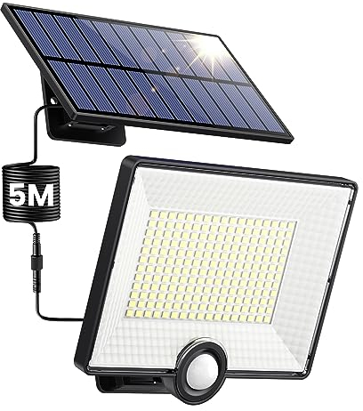 Pxwaxpy 204 LED Solarlampen für Außen, Solarleuchte mit Bewegungsmelder, 3 Modi Solar Strahler Solar Aussenleuchte 120°Beleuchtungswinkel, Solar Wandleuchte für Garten mit 5m Kabel-1 Stück