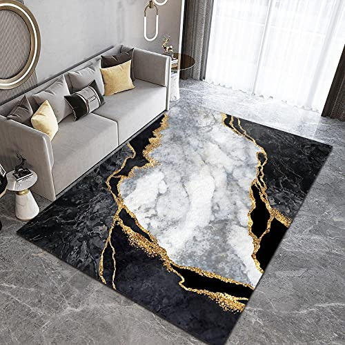 TEMLAN Schwarz-grau-weiße Marmorstruktur Teppiche Gegend, Goldene Streifenkunst Kurzflor Teppiche für Drinnen und Draußen Terrasse Balkon Garten Wohnzimmer 160 x 200cm
