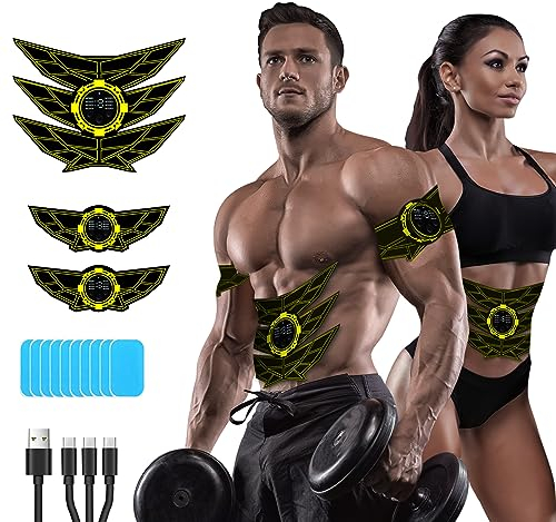 SEVEKO Elettrostimolatore Muscolare Addominali, Elettrostimolatore per Addominali, Elettrostimolatore per Un Allenamento a Tutto Corpo, 8 modalità e 15 Intensità, 10 Ricambi di Idrogel （Giallo）