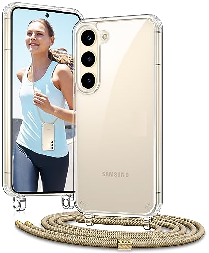 Vaykwo Coque avec Cordon pour Samsung Galaxy S23 6,1'', Coque avec Collier Réglable pour Samsung Galaxy S23 6,1'', Protection Complète Transparente avec Tour de Cou, Or