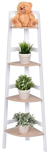 HOMASIS Étagère d'angle ouverte à 4 niveaux décorative en bois pour salon, salle de bain, balcon, rangement pour plantes, blanc et naturel