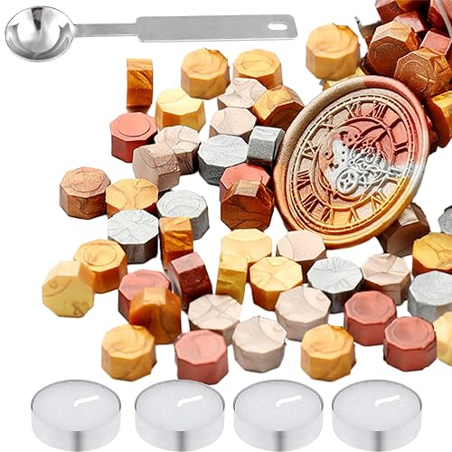 200 StüCk Siegelwachs Perlen Set Achteckige Siegelwachsperlen Stempel Wachssiegel Mit 4 Kerzen Und 1 SchmelzlöFfel Zum Siegeln Von Stempeln FüR Briefe, Geschenkpapier Und Mehr (Metallic-Farbe)