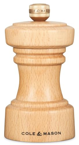 Cole & Mason Hoxton Salzmühle aus natürlicher Buche, korrosionsfreier Keramikmechanismus, kompakte Salzmühle mit einstellbarem Mahlgrad, Buchenholz, 104 mm, Gewürzmühle
