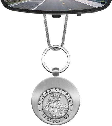 Anwlki Heiliger Christophorus Auto Innenspiegel Anhänger Heiliger Christophorus Glücksbringer Medaillenanhänger Schutzpatron mit Abnehmbarer Aufbewahrung Schlüsselanhänger (Antikes Silber)