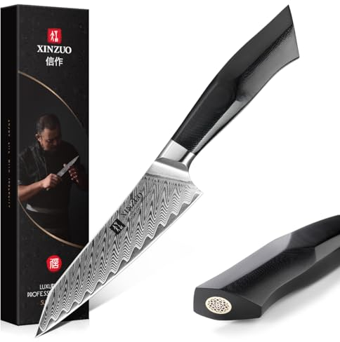 XINZUO 12.8cm Cocina Cuchillo Universal Acero de Damasco, Cuchillo para pelar Multifuncional Afilado Cuchillo de Cocinero, Cuchillo para Cortar Frutas y Verduras, Mango Ergonómico G10 Negro